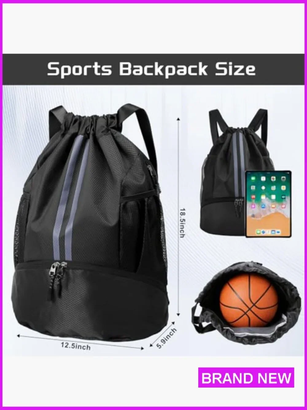 Drawstring Backpack with Shoe Compartment Water Resistant Gym Bag Sports String